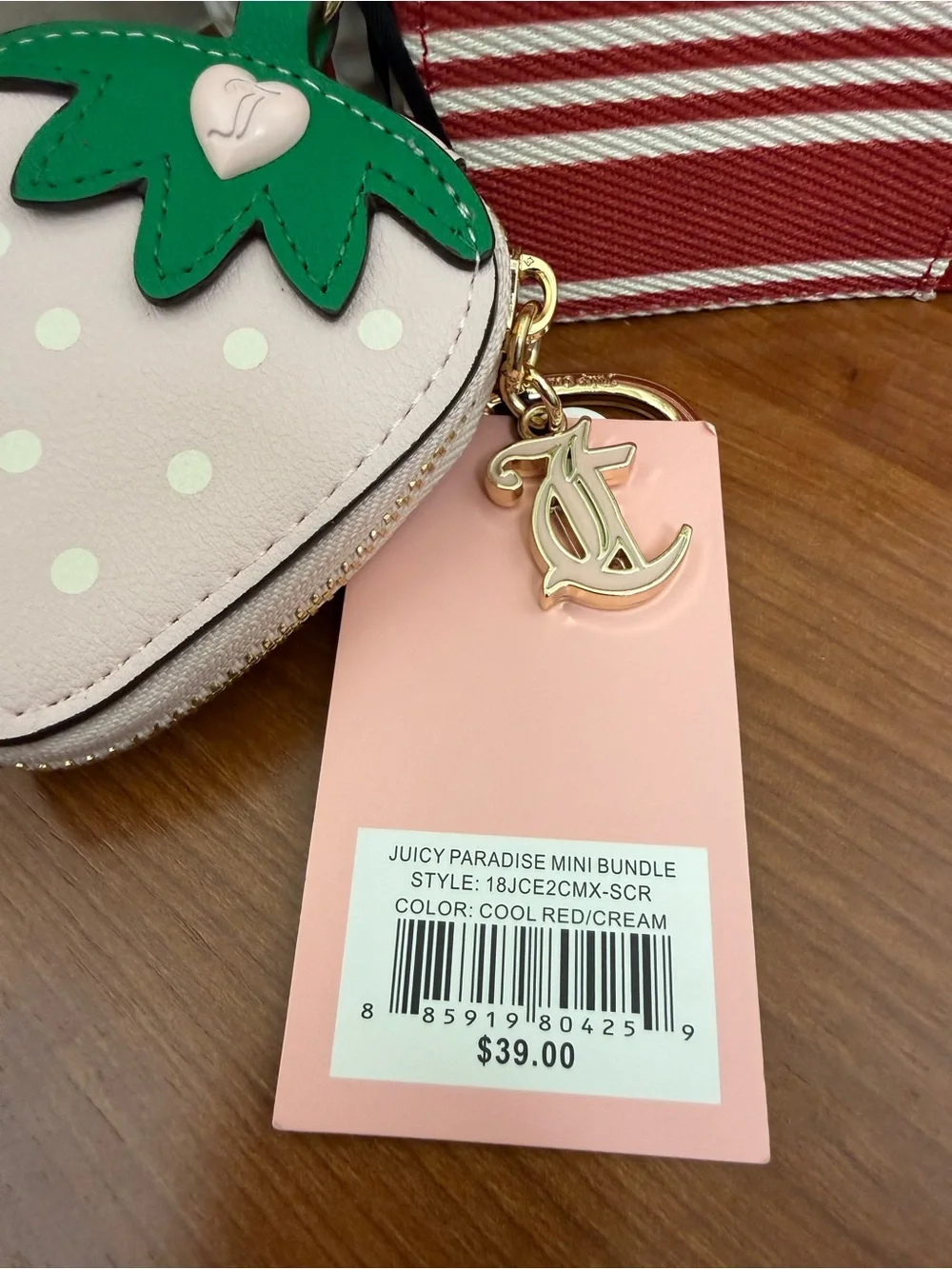 Juicy Couture Red and White Stripe Coin Pouch with Pink Strawberry Charm NWT